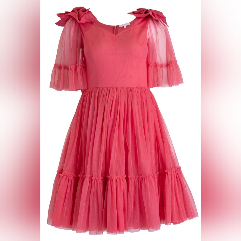 Ivy City Co Pink Tiered Tulle Midi Dress with Bow Shoulders